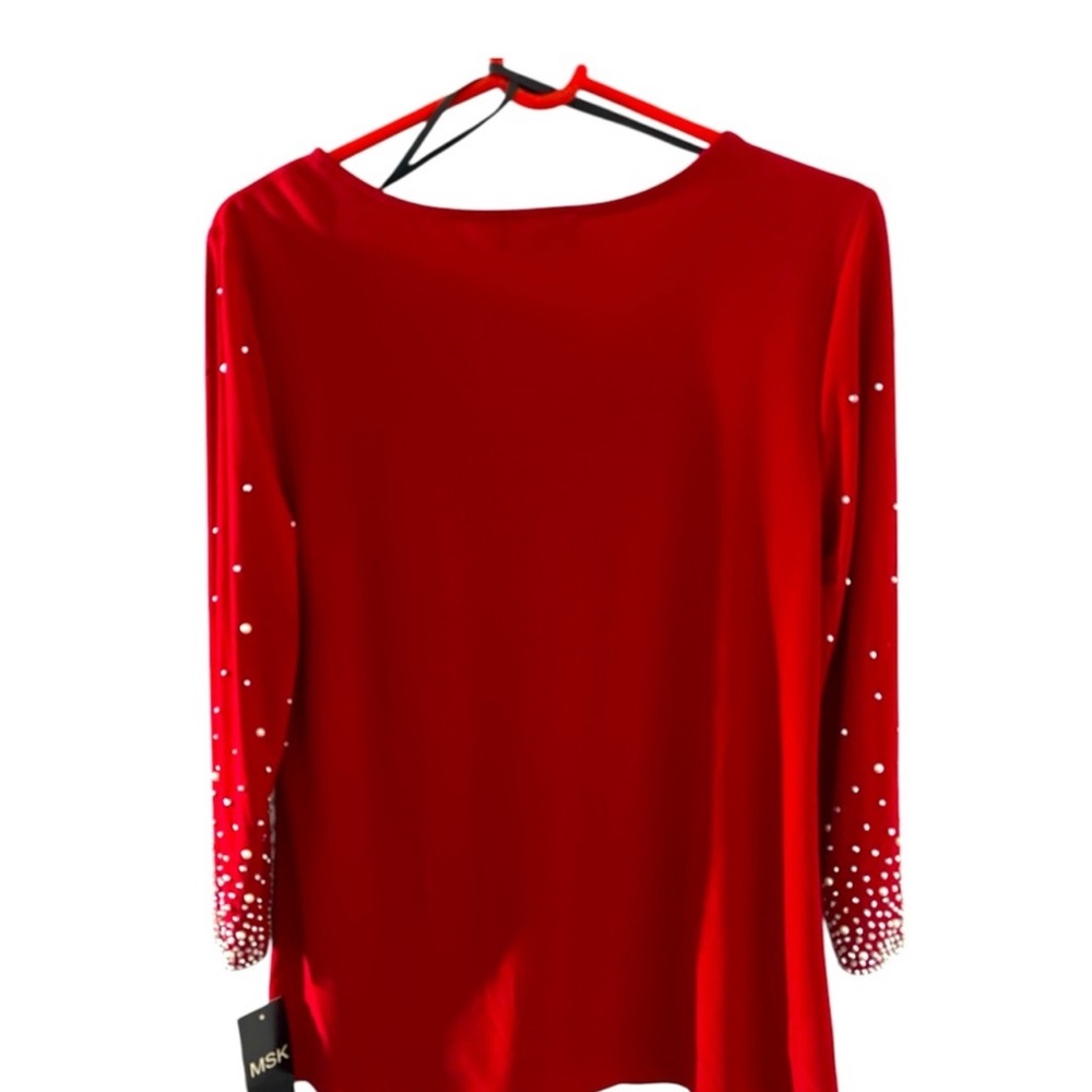 NWT MSK Red V-Neck Blouse With Embellished Beads/Pearl Sleeves Women’s Sz Medium - Picture 11 of 11